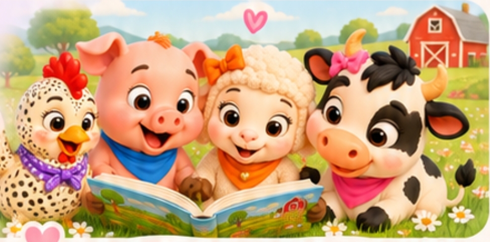 Carijó, Pumba, Fifi e Lelê lendo um livro na fazenda